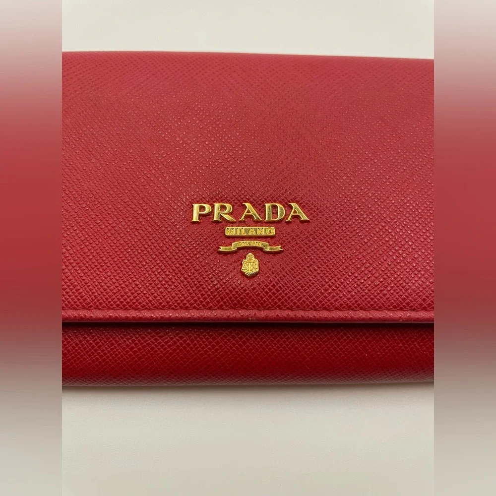 Prada - Saffiano Leather | Double Snap Long Wallet - Red | Gold Hardware - $1020 - Picture 3 of 16